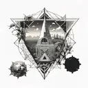 a guillotine and a corpse inside, and the meadows shine from above tattoo design idea