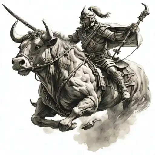 warrior riding a bull holding a bow and arrow design tattoo design idea