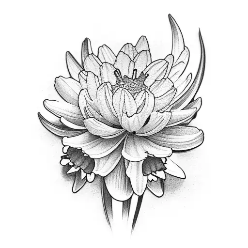 Carnation, daffodi, daisy water lily, lilly of the valley, and hawthorn Japanese blossom  tattoo design idea