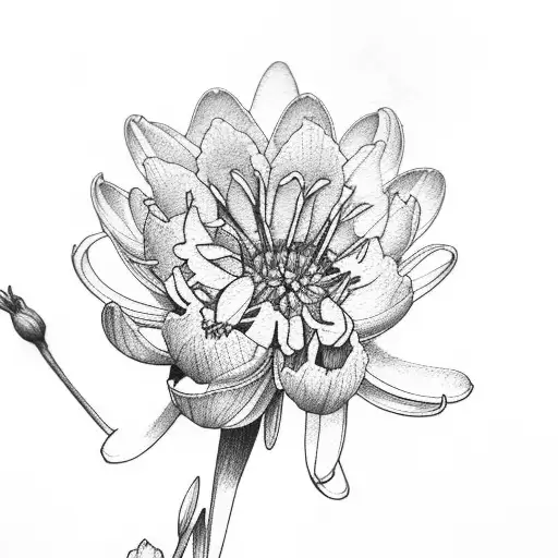 Carnation, daffodi,l daisy water lily, lilly of the valley, and hawthorn Japanese blossom  tattoo design idea