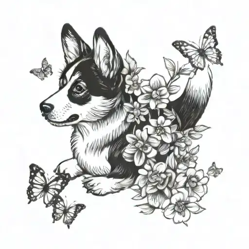 Corgi, westie, jack russell, butterflies, flowers  tattoo design idea