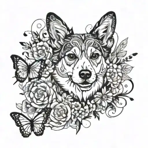 Corgi, westie, jack russell, butterflies, flowers tattoo design idea