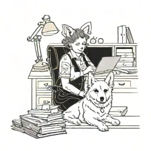 An admin working at a desk with their corgi and westie by their side tattoo design idea