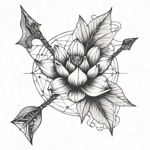 A geometric lotus flower intertwined with a bow and arrow, symbolizing the Sagittarius zodiac sign tattoo design idea