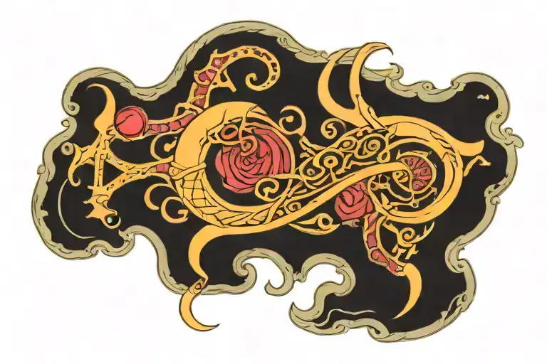 A unique tummy tuck tattoo design with elements of Sagittarius symbols and gemstones tattoo design idea