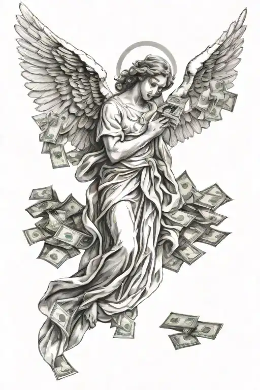 angel standing with money praying tattoo design idea