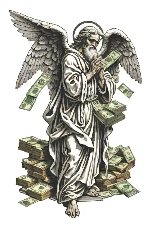 angel Gabriel standing with money praying tattoo design idea
