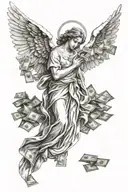 angel standing with money praying tattoo design idea