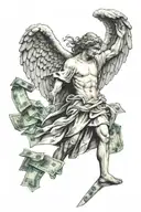 angel standing with money praying tattoo design idea
