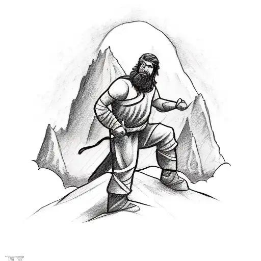 A sketch-style tattoo featuring the quote 'The man in the arena' surrounded by mountain peaks, highlighting the courage and resilience learned at bible camp. tattoo design idea
