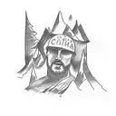 A sketch-style tattoo featuring the quote 'The man in the arena' surrounded by mountain peaks, highlighting the courage and resilience learned at bible camp. tattoo design idea