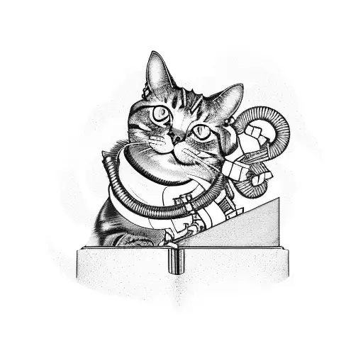 A cat wearing army gear and holding a pen, surrounded by audio book symbols tattoo design idea