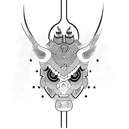 Incorporate traditional Hmong symbols and motifs into an oni mask design tattoo design idea