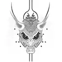 Incorporate traditional Hmong symbols and motifs into an oni mask design tattoo design idea