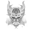 Incorporate traditional Hmong symbols and motifs into an oni mask design tattoo design idea