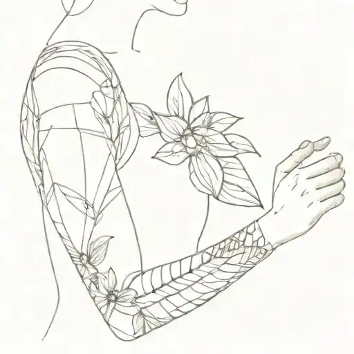 feminine patchwork sleeve ideas with fine lines, earthy tattoo design idea