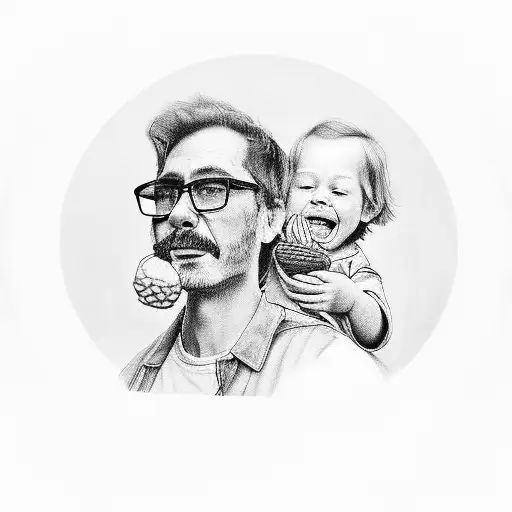 A realistic portrait of your father holding a tray of your favorite foods, with your nephew sitting on his shoulders tattoo design idea