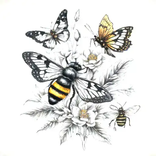 wildflowers with bee, butterfly, snake, and spider  tattoo design idea