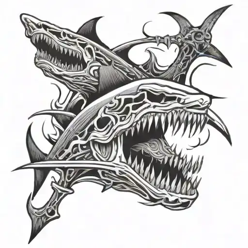 skeleton sharks swimming around hockey stick  tattoo design idea