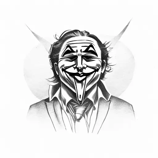 anonymous mask has joker mask in his hand in black tattoo design idea