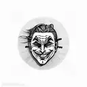 anonymous mask has joker mask in his hand in black tattoo design idea