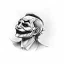 anonymous mask has joker mask in his hand in black tattoo design idea