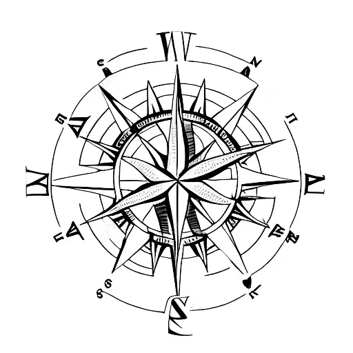 A minimalist tattoo of a compass rose with map coordinates surrounding it, representing the client's love for hiking and exploration. tattoo design idea
