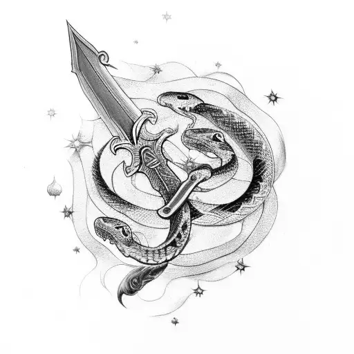 sword, snake, crown, star tattoo design idea