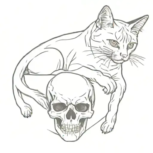 tuxedo cat playing with a human skull tattoo design idea