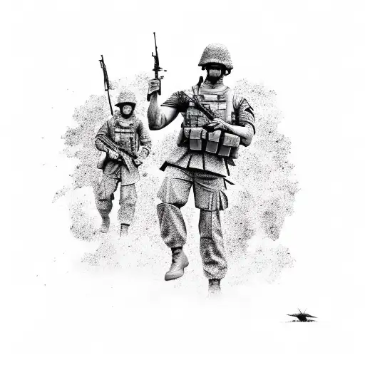 battlefield silhouette with soldier dealing with ptsd tattoo design idea