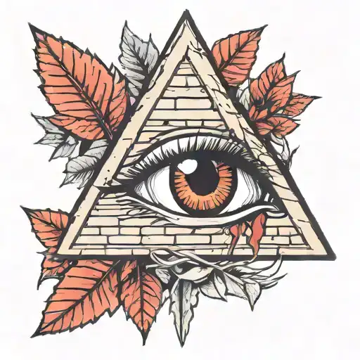 triangle with red veins in the eyes surrounded around bricks background around triangle wooden contours with leaves tattoo design idea