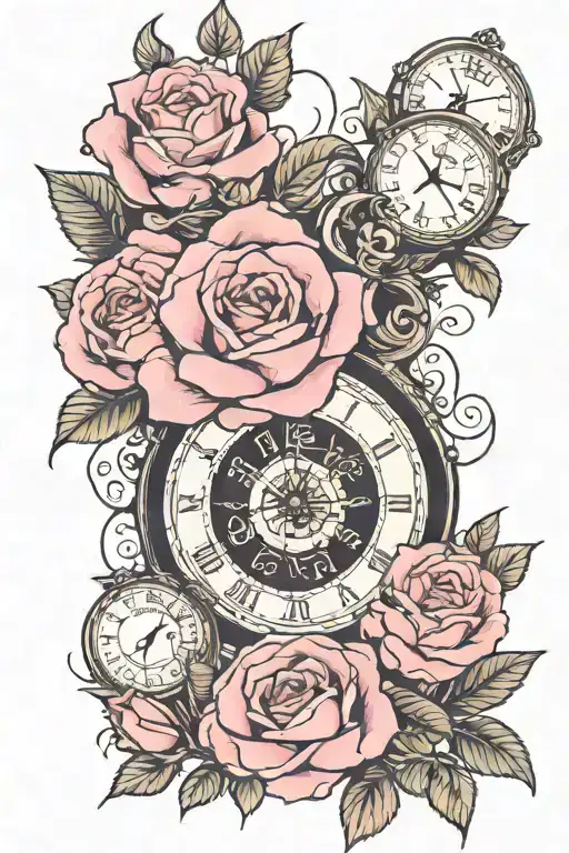 clocks and pink roses blooming tattoo design idea