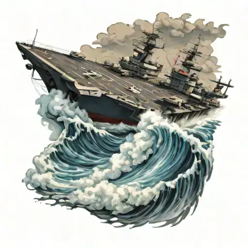 USS Carl Vinson aircraft carrier battling powerful waves tattoo design idea