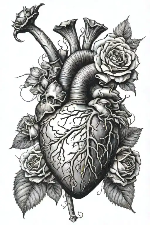 Sagittarius, anatomic heart, 1990, 4 roses tattoo design idea