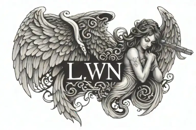 angel with wings and letters L V N hidden tattoo design idea