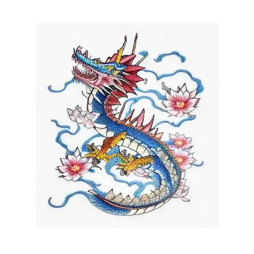 Dragón chino con flores tattoo design idea