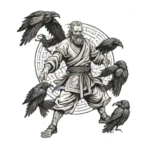 A martial artist in a fierce stance surrounded by ravens representing Odin's companions tattoo design idea