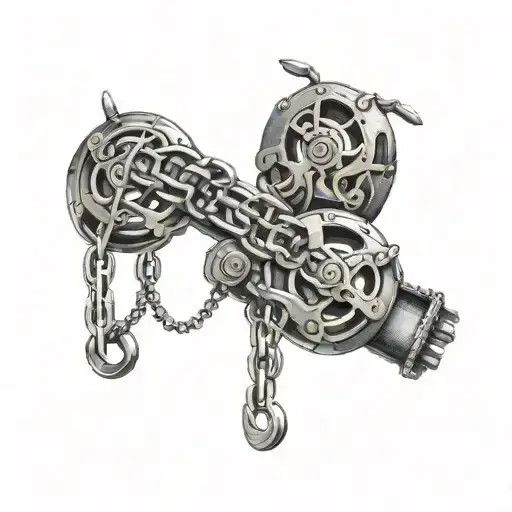 A musical staff intertwined with a bike chain and MMA gloves, with hidden runes throughout the design tattoo design idea