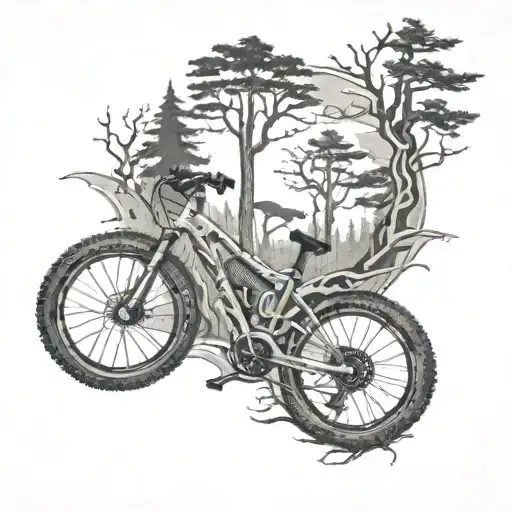 A mystical forest scene with a bike trail winding through it, featuring hidden runes and MMA fighters training in the background tattoo design idea