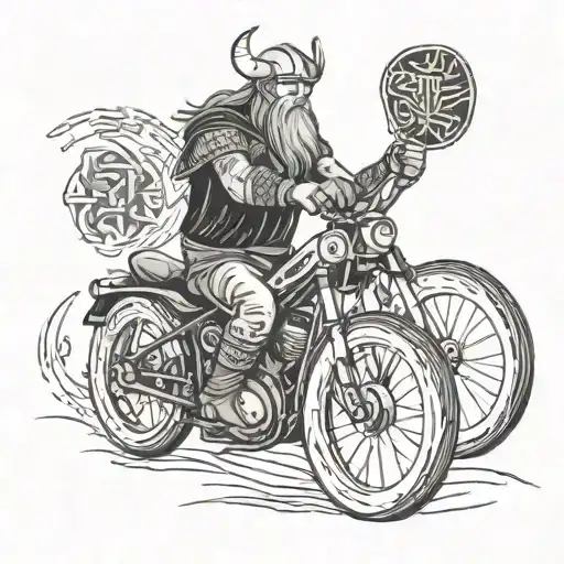 A Viking warrior riding a bike while playing a guitar with MMA gloves on, incorporating ancient runes into the design tattoo design idea