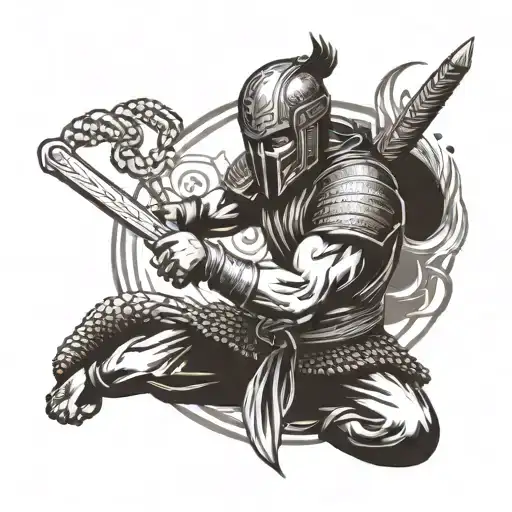 Create a tattoo of a fierce warrior practicing martial arts techniques surrounded by Norse symbols tattoo design idea