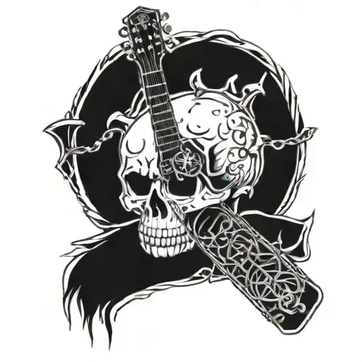 A skull wearing MMA gloves and holding a guitar, with runes carved into the bones tattoo design idea