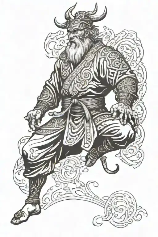 A martial arts master performing a mythological Norse ritual tattoo design idea