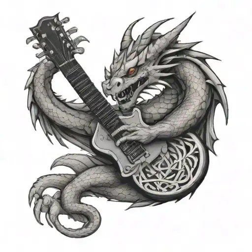 A fierce dragon playing a guitar with MMA gloves, surrounded by mystical runes tattoo design idea
