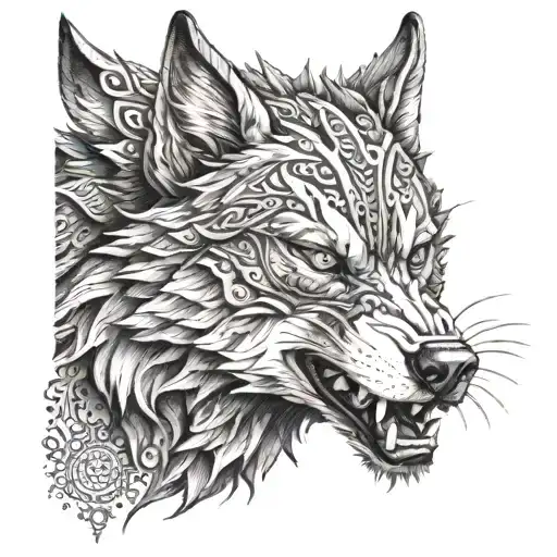 Fenrir wolf in a dynamic fighting stance tattoo design idea