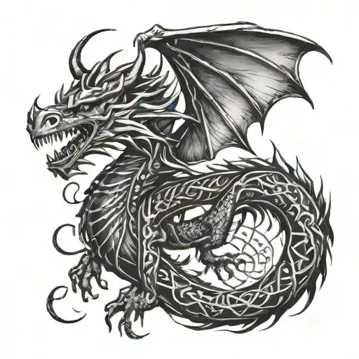 A fierce dragon intertwined with Norse runes representing strength and power tattoo design idea