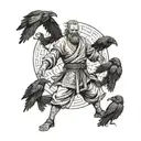 A martial artist in a fierce stance surrounded by ravens representing Odin's companions tattoo design idea