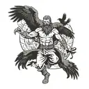 A martial artist in a fierce stance surrounded by ravens representing Odin's companions tattoo design idea