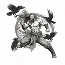 A martial artist in a fierce stance surrounded by ravens representing Odin's companions tattoo design idea