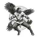 A martial artist in a fierce stance surrounded by ravens representing Odin's companions tattoo design idea